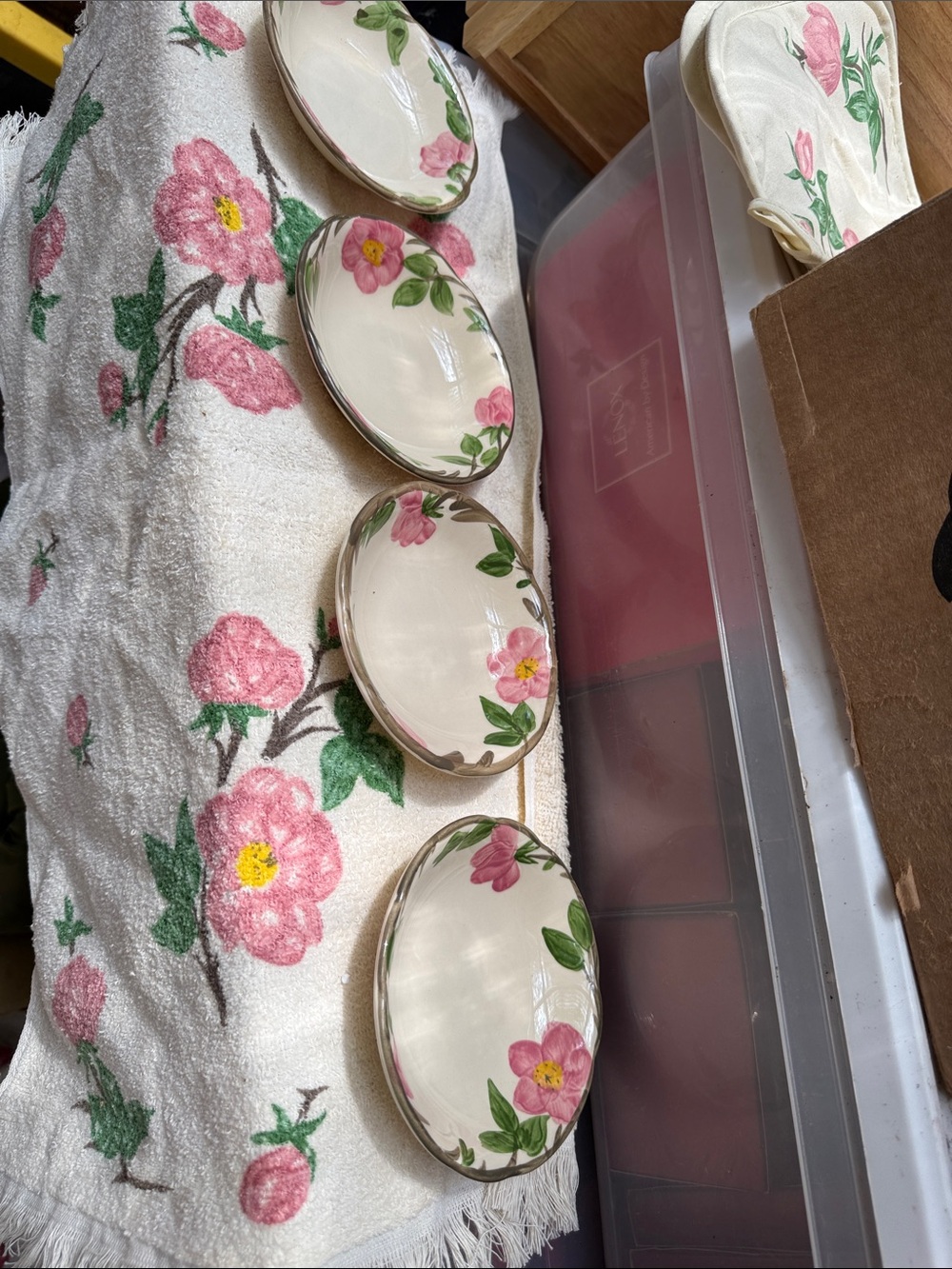 Franciscan Pink Floral Ceramic Bread Plates with Green Leaves